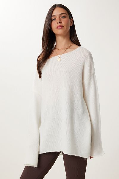 Happiness İstanbul Women's Ecru Basic Oversize Knitwear Sweater Cr00525