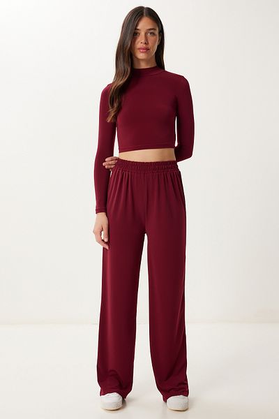 Happiness İstanbul Women's Burgundy Crop Blouse Pants Sandy Suit Dz00132