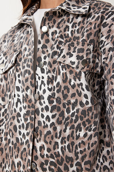 Happiness İstanbul Schwarzbraune Gabardine-Jacke mit Leopardenmuster für Damen GP00025