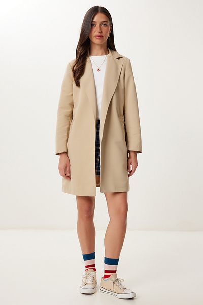 Happiness İstanbul Women's Beige Belted Short Woven Trench Coat Gp00027