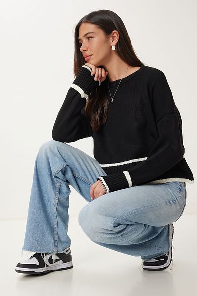 Happiness İstanbul Pulover de damă din tricot cu dungi negre PF00041