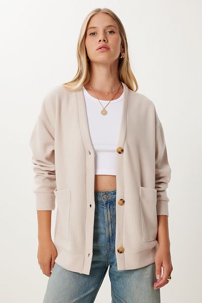 Happiness İstanbul Women's Dark Cream Pocketed Long Knitwear Cardigan Ub00421