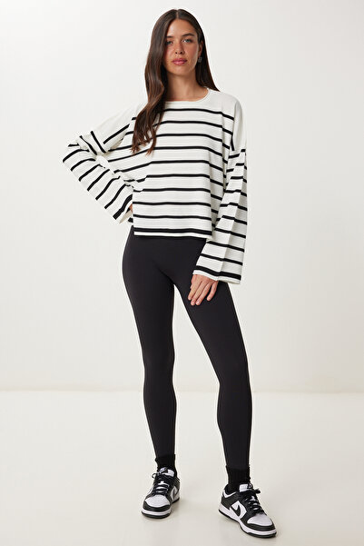 Happiness İstanbul Pulover oversize de tricotaj cu dungi alb-negru pentru femei US00659