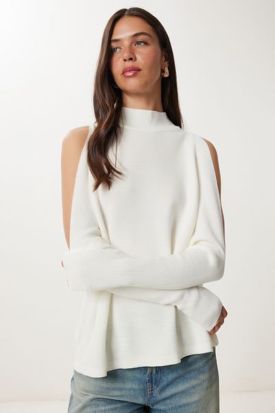 Happiness İstanbul Women's Ecru Cut Out Detailed Oversize Knitwear Sweater AS00015