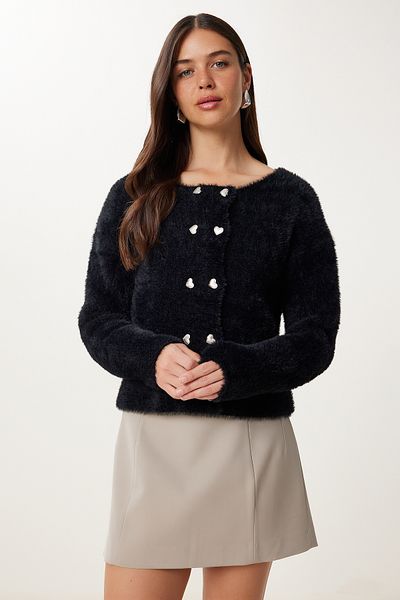 Happiness İstanbul Women's Black Heart Buttoned Bearded Soft Knitwear Cardigan Cr00524