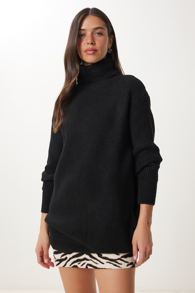 Happiness İstanbul Pulover negru pentru damă cu gât roscat ER00052