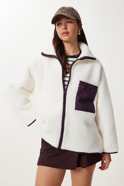 Happiness İstanbul Women's Bone Zippered Oversize Plush Sweatshirt Dd01379