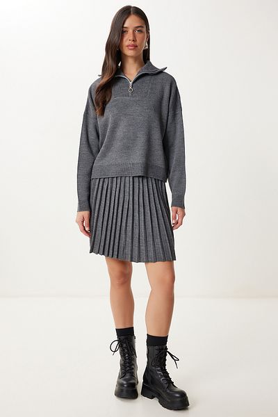 Happiness İstanbul Women's Gray Knitwear Sweater Skirt Set Pf00113