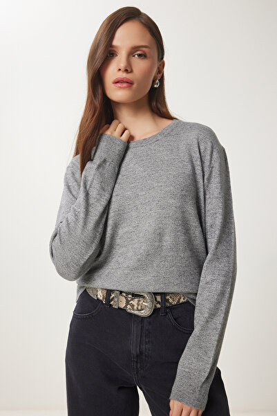 Happiness İstanbul Women's Gray Crew Neck Basic Knitwear Sweater Us01004