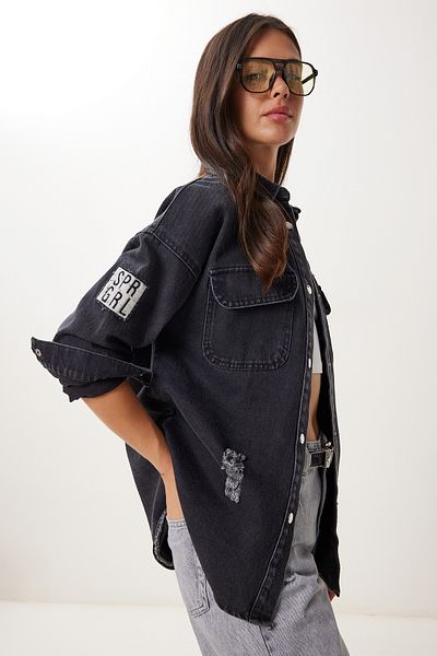 Happiness İstanbul Women's Anthracite Ripped Detailed Embroidered Denim Jacket Mw00152