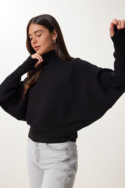 Happiness İstanbul Women's Black Finger Snap Crop Ribbed Knitwear Sweater Mx00238