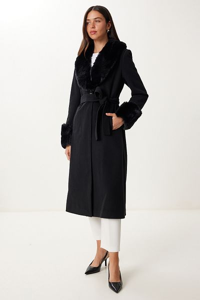 Happiness İstanbul Women's Black Fur Collar Belted Cashmere Coat Dd01385