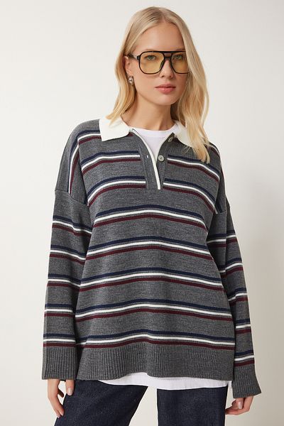 Happiness İstanbul Women's Gray Polo Neck Striped Knitwear Sweater Us01006