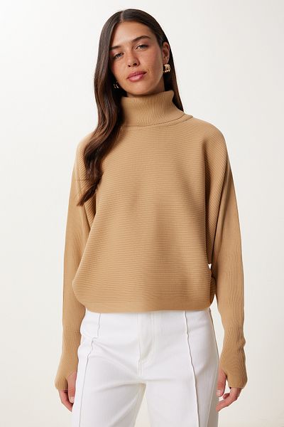 Happiness İstanbul Women's Biscuit Finger Snap Crop Ribbed Knitwear Sweater Mx00238