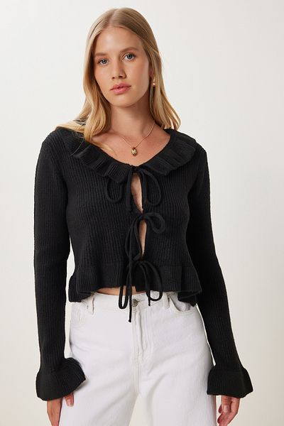 Happiness İstanbul Women's Black Flounce Tie Detailed Knitwear Cardigan Mx00247
