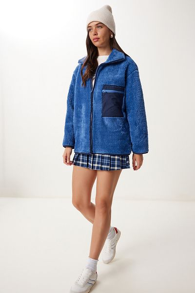 Happiness İstanbul Women's Indigo Blue Zippered Oversize Plush Sweatshirt Dd01379