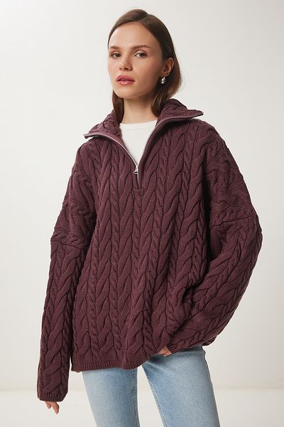 Happiness İstanbul Women's Light Burgundy Zippered Stand Collar Thick Oversize Knitwear Sweater Us01005