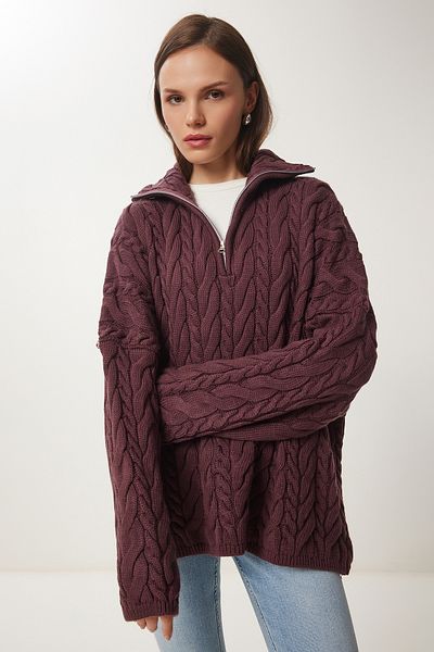 Happiness İstanbul Women's Light Burgundy Zippered Stand Collar Thick Oversize Knitwear Sweater Us01005