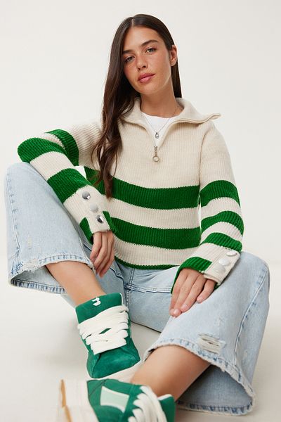 Happiness İstanbul Women's Bone Green Zippered Turtleneck Striped Knitwear Sweater LX00042