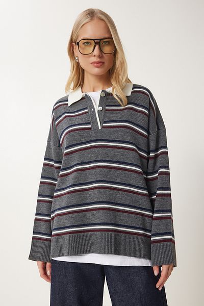 Happiness İstanbul Women's Gray Polo Neck Striped Knitwear Sweater Us01006