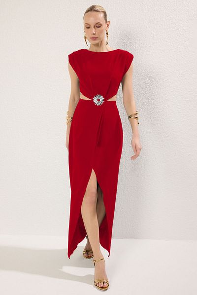 Trendyol Collection Red Accessory Detailed Woven Long Stylish Evening & Homecoming Dress Tprss25Ae00064