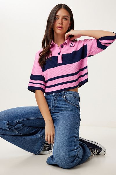 Happiness İstanbul Women's Pink Navy Blue Striped Crop Knitwear Sweater Mx00242