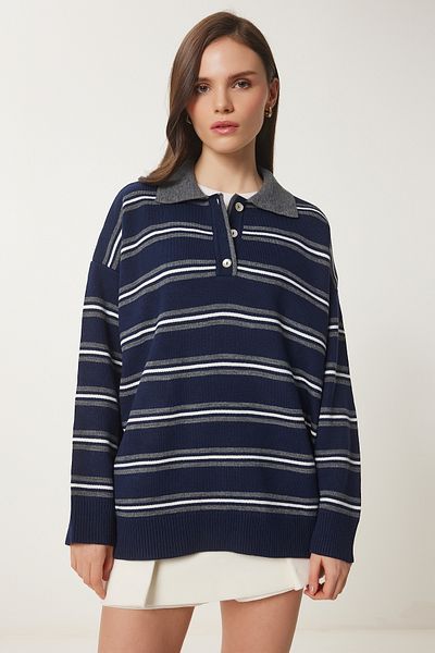 Happiness İstanbul Women's Navy Blue Polo Neck Striped Knitwear Sweater Us01006
