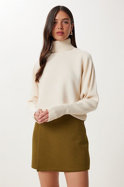 Happiness İstanbul Women's Cream Finger Snap Crop Ribbed Knitwear Sweater Mx00238
