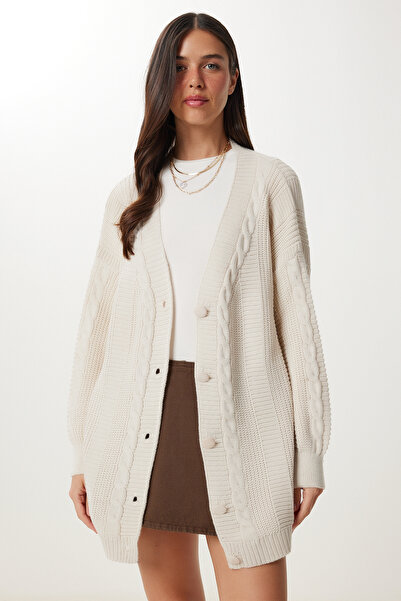 Happiness İstanbul Cremefarbene Oversize-Strickjacke mit Ballonärmeln für Damen DD01033