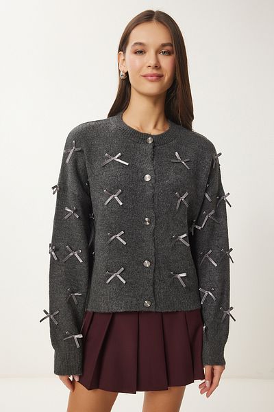 Happiness İstanbul Women's Anthracite Crew Neck Bow Knitwear Cardigan Us01003