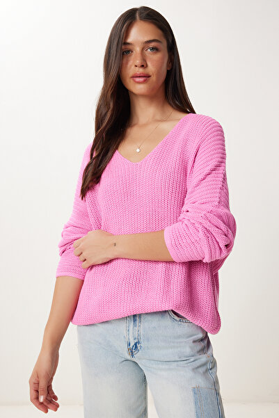 Happiness İstanbul Pulover supradimensionat de damă, cu decolteu în V, roz, model Selanik, cod ZA00059