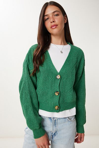 Happiness İstanbul Women's Green Buttoned V-Neck Orlon Cardigan MC00210