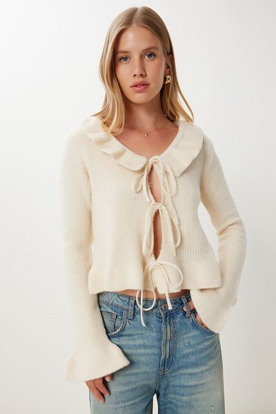 Happiness İstanbul Women's Cream Flounce Tie Detail Knitwear Cardigan Mx00247