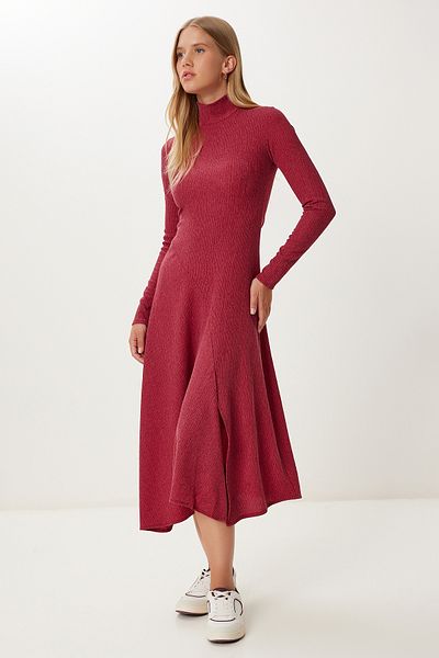 Happiness İstanbul Women's Burgundy Flounced Slit Midi Crinkle Dress Ub00413