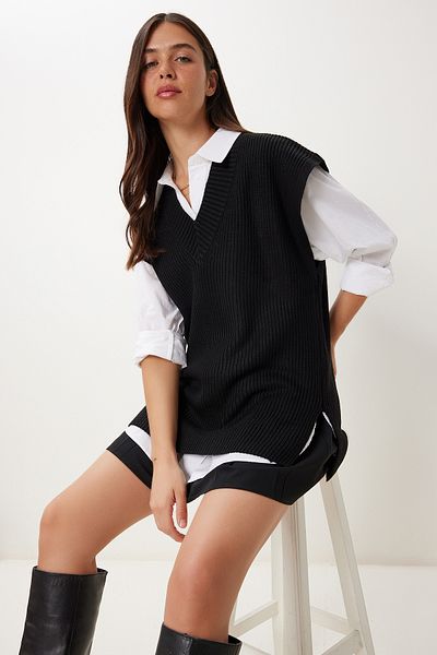 Happiness İstanbul Women's Black V-Neck Long Knitwear Sweater Pf00112