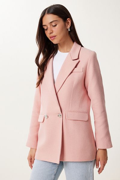 Happiness İstanbul Women's Pink Padded Stylish Buttoned Tweed Blazer Jacket Xl00005