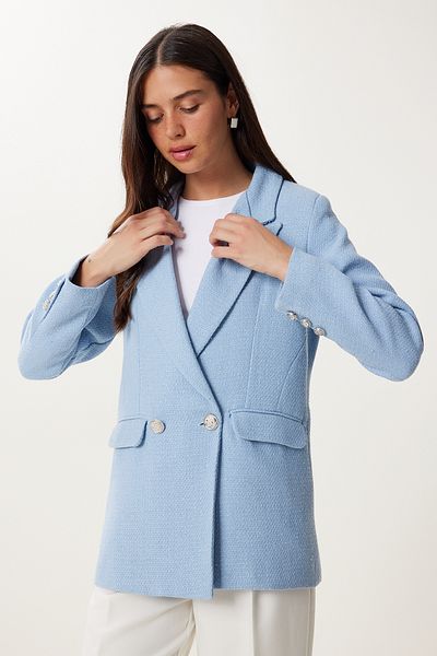 Happiness İstanbul Jachetă de blazer din tweed, căptușită, albastru deschis, cu nasturi, XL00005