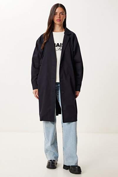 Happiness İstanbul Czarny, oversize'owy, tkany płaszcz damski FG00054