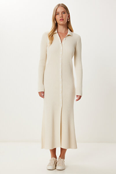 Happiness İstanbul Kadın Krem Polo Yaka Midi Fitilli Triko Elbise MX00245