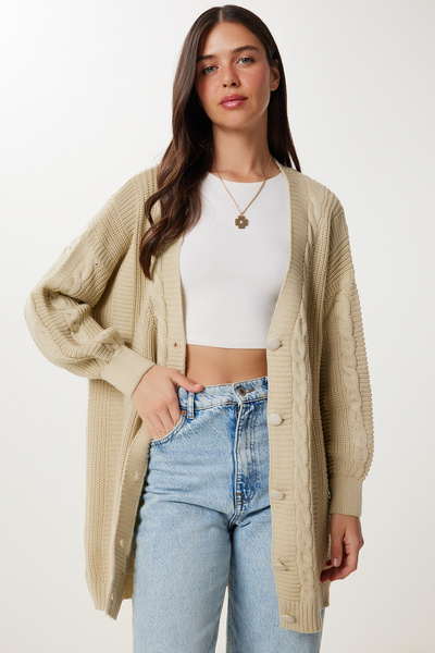 Happiness İstanbul Women's Dark Cream Balloon Sleeve Oversize Knitwear Cardigan Dd01033