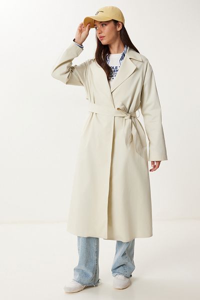 Happiness İstanbul Women's Cream Double Breasted Collar Belted Trench Coat Fg00053