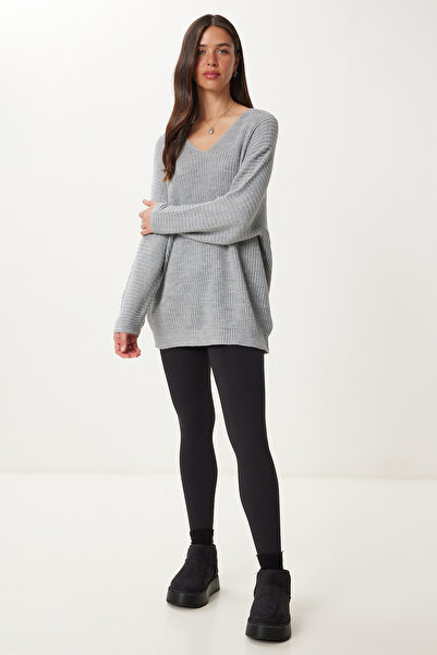 Happiness İstanbul Grauer Thessaloniki-Strickpullover mit V-Ausschnitt und Oversize-Strick für Damen ZA00059