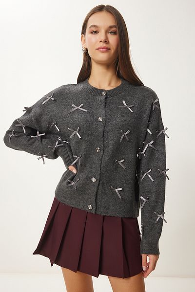 Happiness İstanbul Women's Anthracite Crew Neck Bow Knitwear Cardigan Us01003