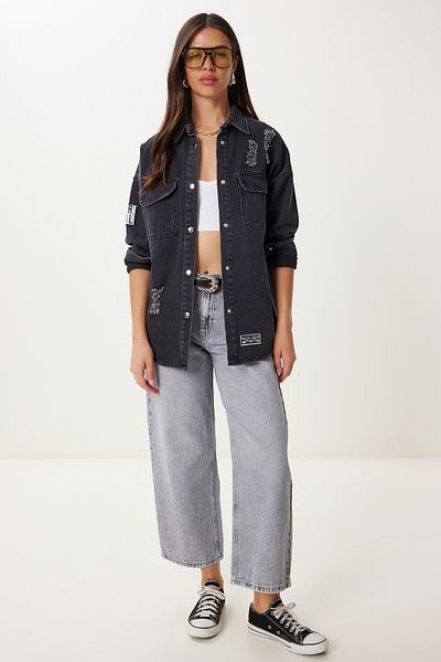 Happiness İstanbul Women's Anthracite Ripped Detailed Embroidered Denim Jacket Mw00152