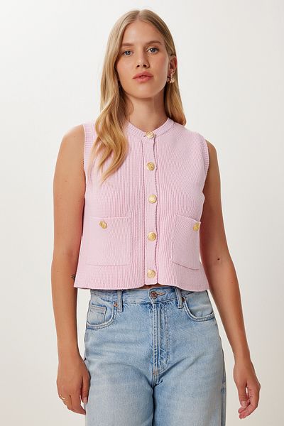 Happiness İstanbul Women's Candy Pink Stylish Buttoned Pocket Knitwear Vest Pf00111