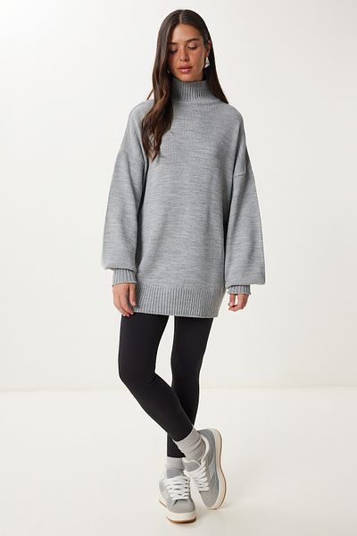 Happiness İstanbul Grauer Oversize-Strickpullover mit Stehkragen für Damen, Basic, YY00167