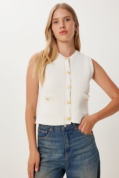 Happiness İstanbul Women's Bone Stylish Buttoned Pocket Knitwear Vest Pf00111