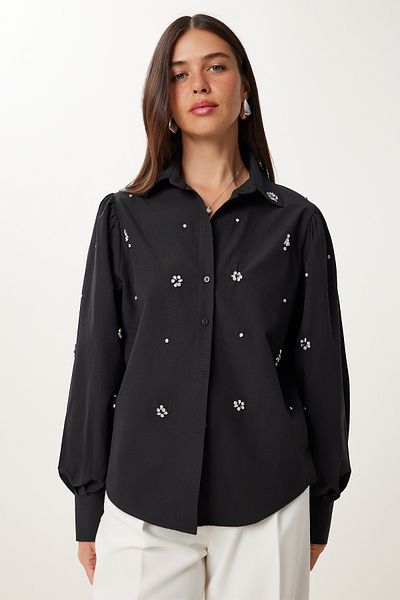 Happiness İstanbul Women's Black Stone Detailed Woven Shirt Fg00058