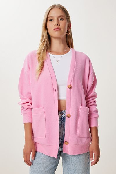 Happiness İstanbul Women's Pink Pocketed Long Knitwear Cardigan Ub00421