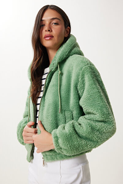 Happiness İstanbul Дамски бадемовозелен плюшен суитшърт с качулка и цип DD01384